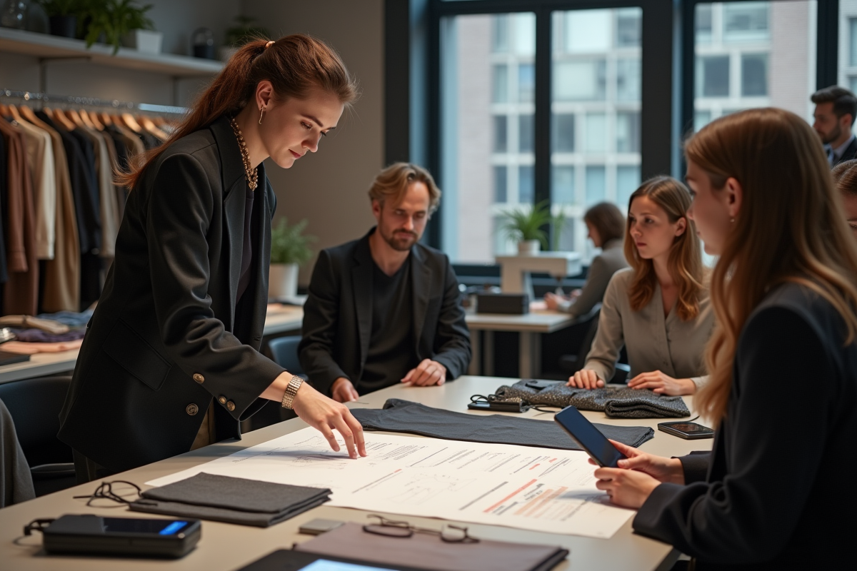 Designer présentant un vêtement fini à un groupe