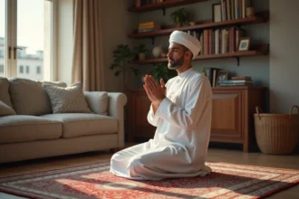 Homme nord-africain en thobe priant sur tapis dans salon