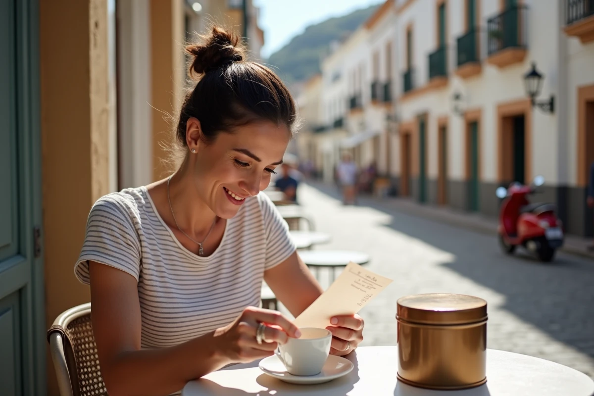 Femme comparant les prix d'un seau de tabac 1kg en Espagne dans un café en terrasse