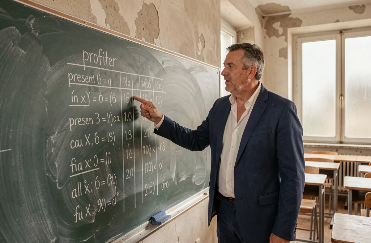 Professeur de français enseignant la conjugaison du verbe profiter au présent de l'indicatif devant un tableau noir en salle de classe