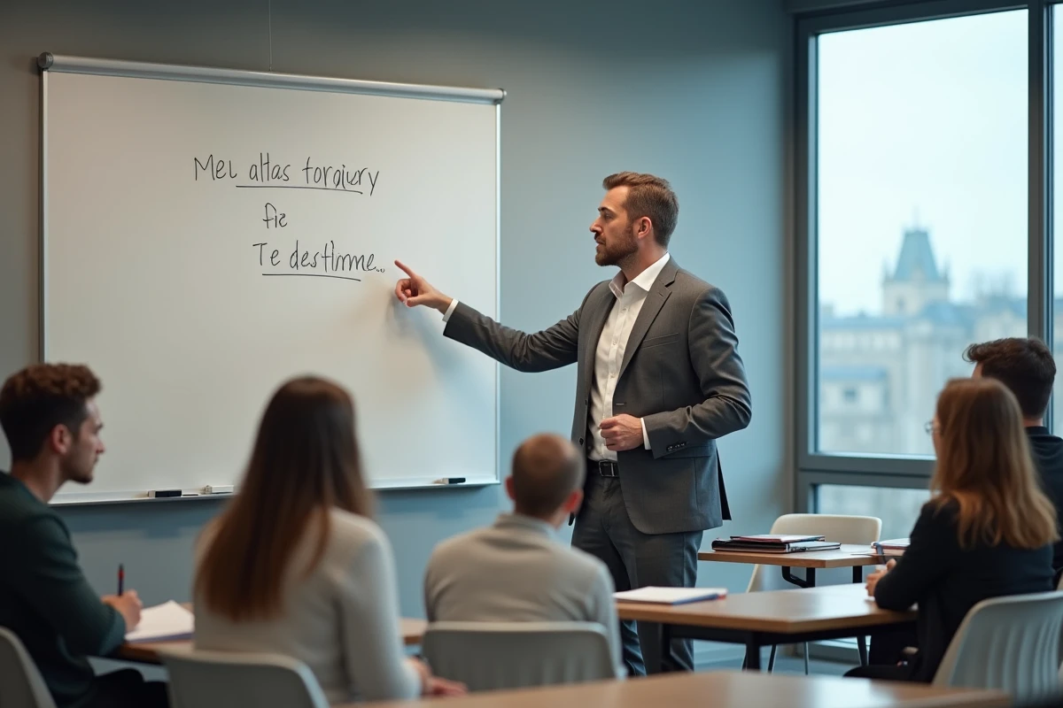 Professeur de français enseignant devant un tableau blanc en classe