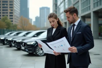 Trois professionnels d'affaires analysant des graphiques devant des voitures