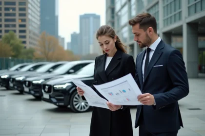 Trois professionnels d'affaires analysant des graphiques devant des voitures