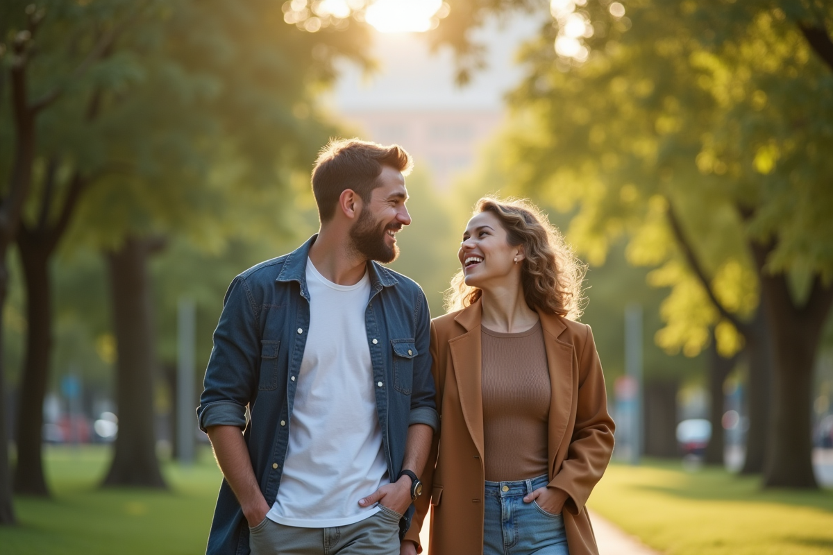 Couple marchant dans un parc ensoleille pour l article