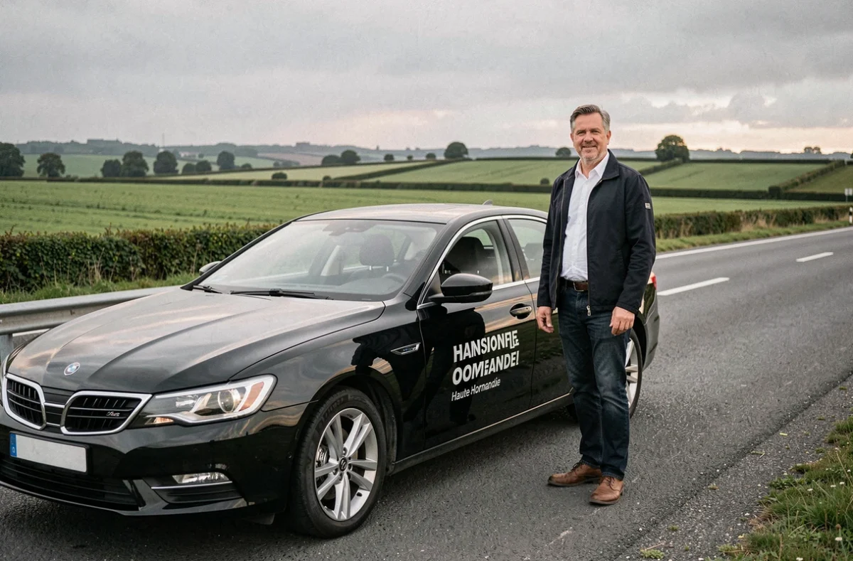 Chauffeur Proxilive VTC du réseau Haute-Normandie posant sur une route régionale normande avec sa berline noire