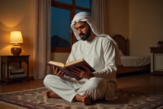 Homme musulman récitant les derniers versets de la sourate Al-Baqara le soir, assis sur un tapis de prière avec un Coran ouvert