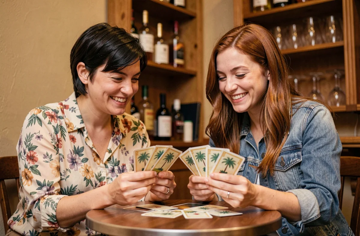 Deux femmes jouant à la règle palmiers format express en fin de soirée avec des cartes à la main