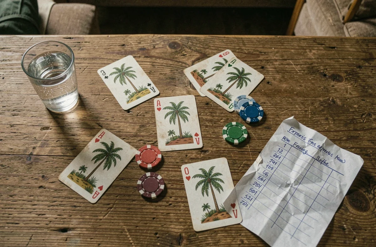 Vue aérienne d'une table avec cartes palmiers et fiche de score pour une partie rapide en fin de soirée