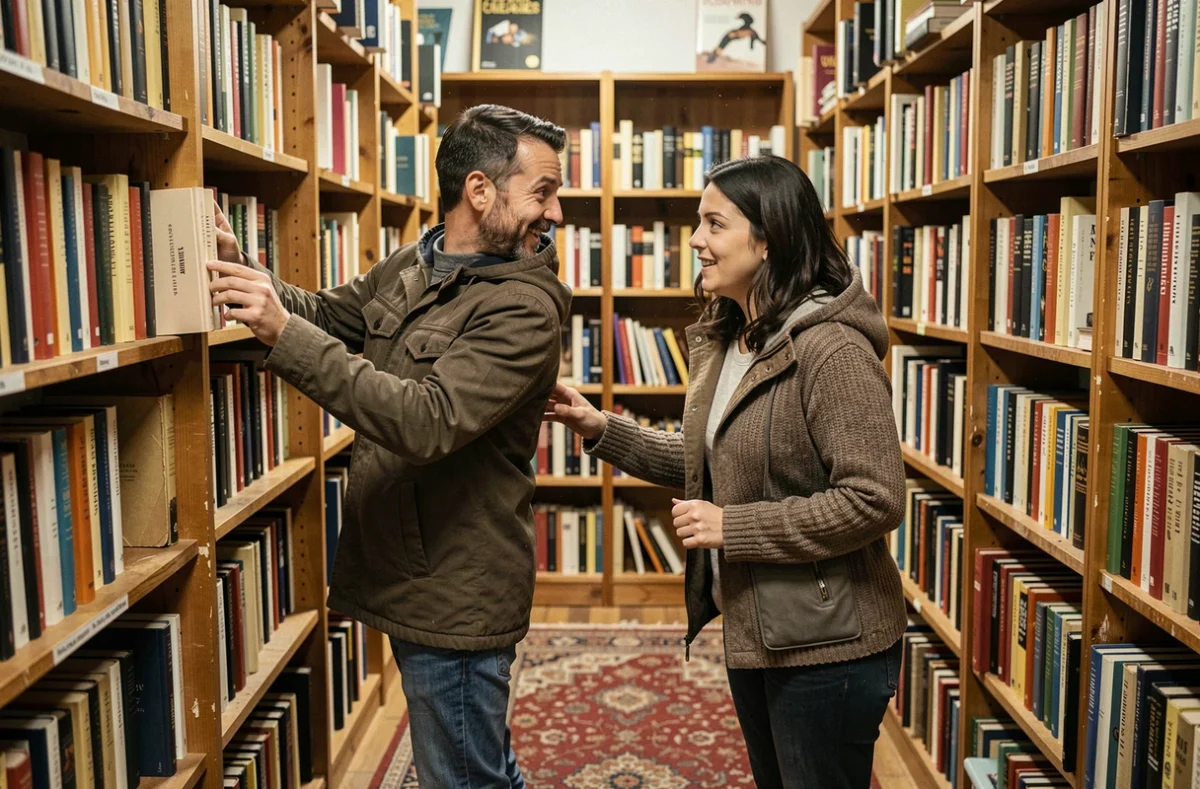 Deux inconnus se rencontrent par hasard en attrapant le même livre dans une librairie d'occasion, symbolisant les rencontres fortuites célébrées par les plus belles citations