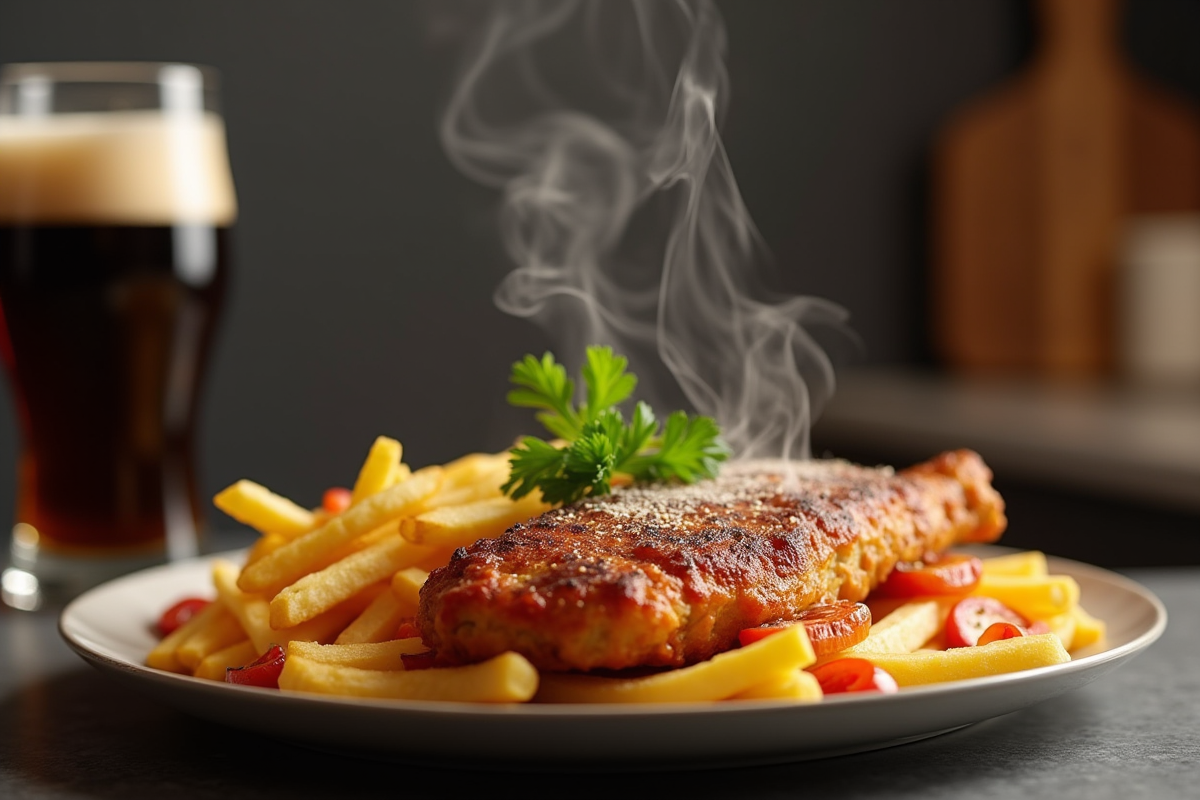 Assiette de carbonade flamande avec frites dorées et bière sombre