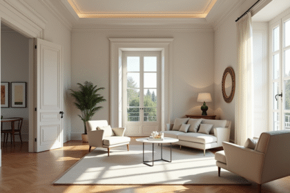 Salon lumineux et moderne avec quatre pièces visibles