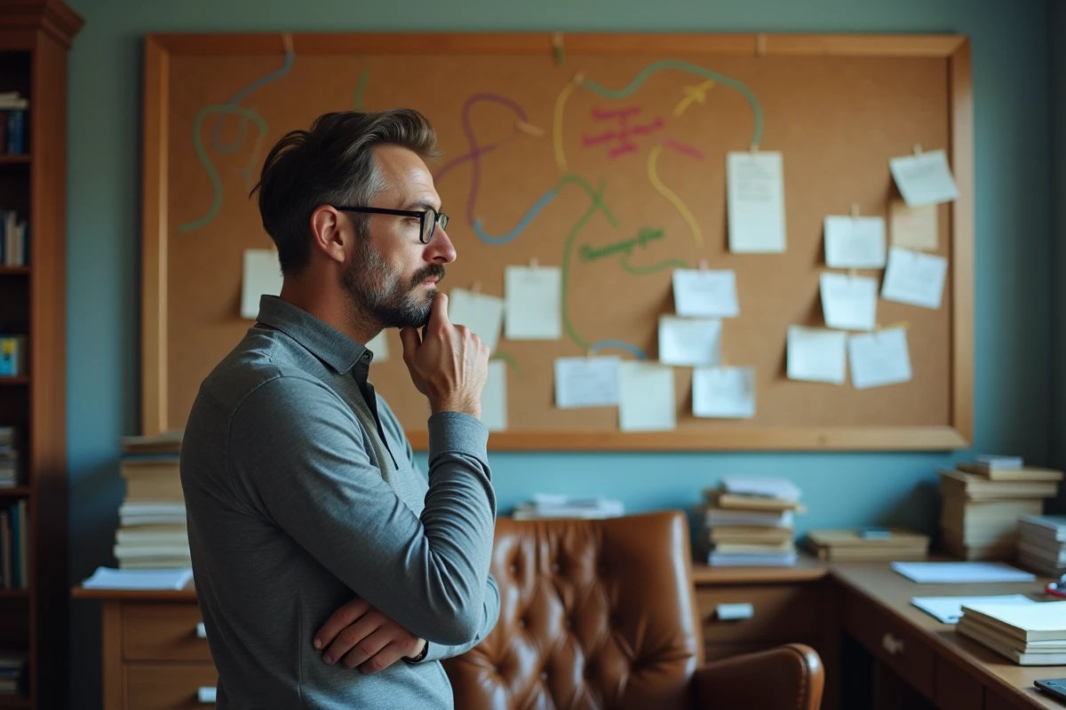 Scénariste masculin étudiant un tableau de structure narrative avec des fiches et des fils colorés, symbolisant la construction d'un retournement de situation psychologique