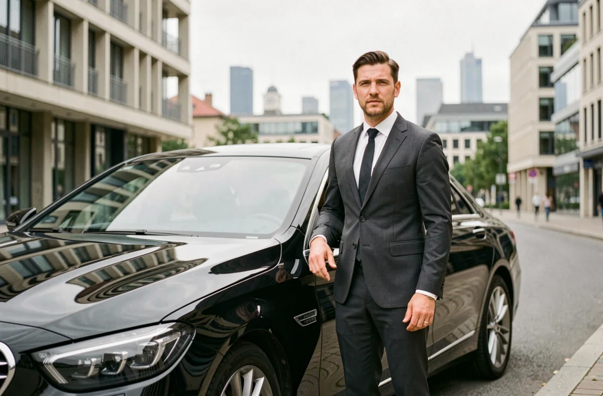 Chauffeur Smart Drive Rouen en costume élégant posant fièrement devant sa berline noire