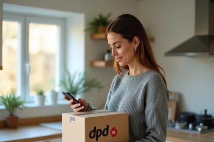 Femme vérifiant le numéro de suivi DPD sur son smartphone avec un colis brun sous le bras dans une cuisine moderne