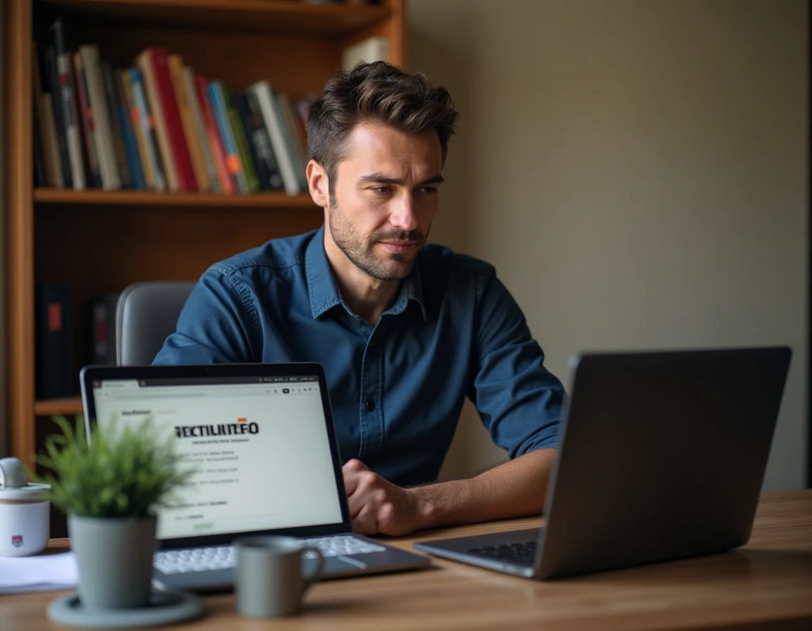 Homme consultant les codes de suivi et le délai de livraison DPD sur un ordinateur portable dans un bureau à domicile