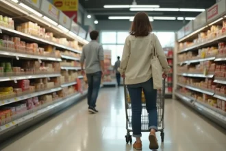 Femme faisant ses courses dans un supermarché de Montpellier ouvert le dimanche matin