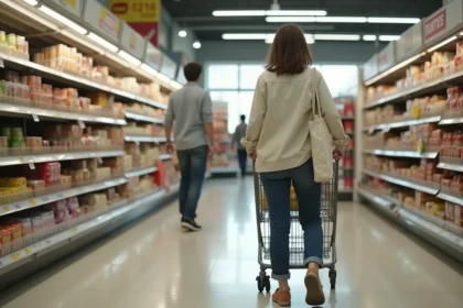 Femme faisant ses courses dans un supermarché de Montpellier ouvert le dimanche matin