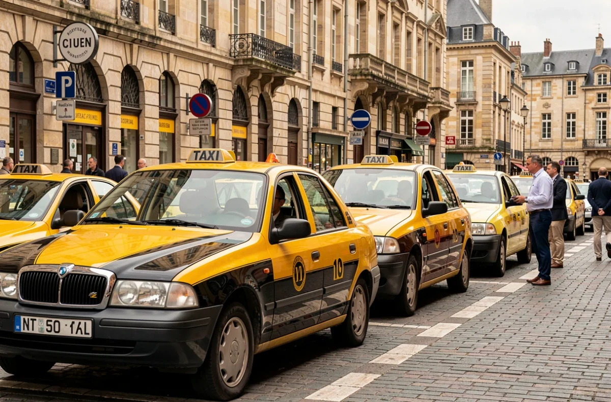 Rangée de Taxis Jaunes de la métropole de Rouen stationnés dans une station officielle du centre-ville