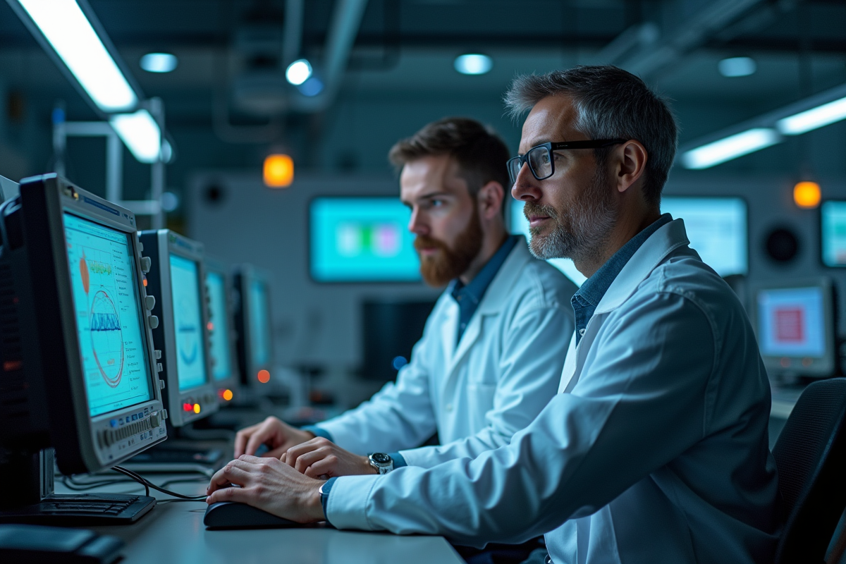 Techniciens collaborant dans un laboratoire électronique moderne