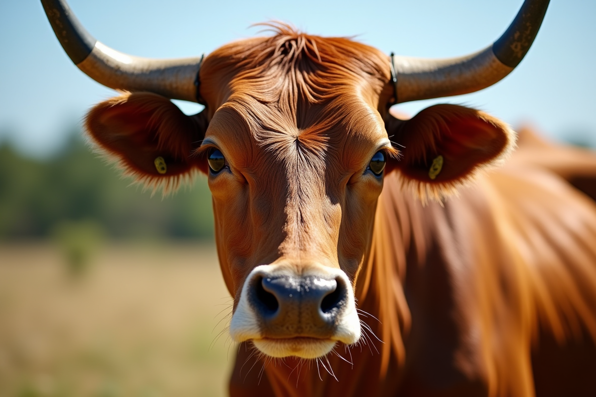 Tête de zebu coloré avec regard expressif en plein air