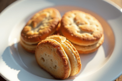 Tranches de biscuit joconde aux noisettes sur assiette blanche