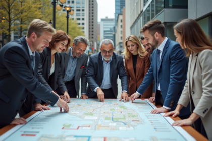 Groupe d'urbanistes discutant autour d'une carte en ville
