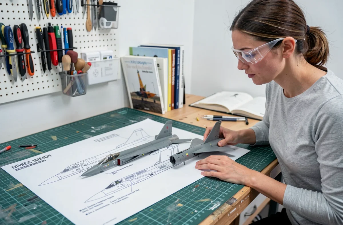 Modéliste vérifiant les proportions d'une maquette Phantom 1/32 par rapport à un plan technique imprimé