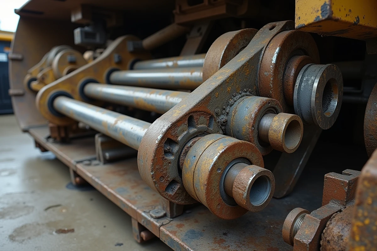 Détail des vérins hydrauliques usés et des flexibles endommagés d'une pelle mécanique d'occasion à inspecter avant achat