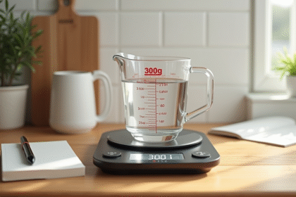 Verre d'eau sur une balance de cuisine numérique