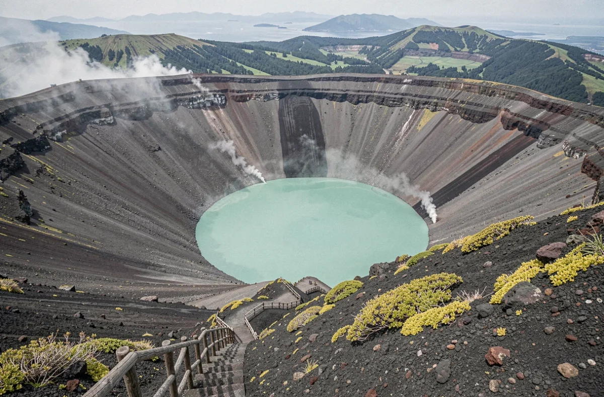 Cratère volcanique du mont Aso à Kyushu avec son lac acide turquoise entouré de parois volcaniques cendrées et de paysages de caldeira verdoyants