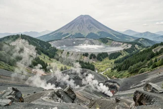 Paysage volcanique japonais dramatique avec un stratovolcan imposant s'élevant au-dessus d'une caldeira brumeuse entourée de forêts de pins