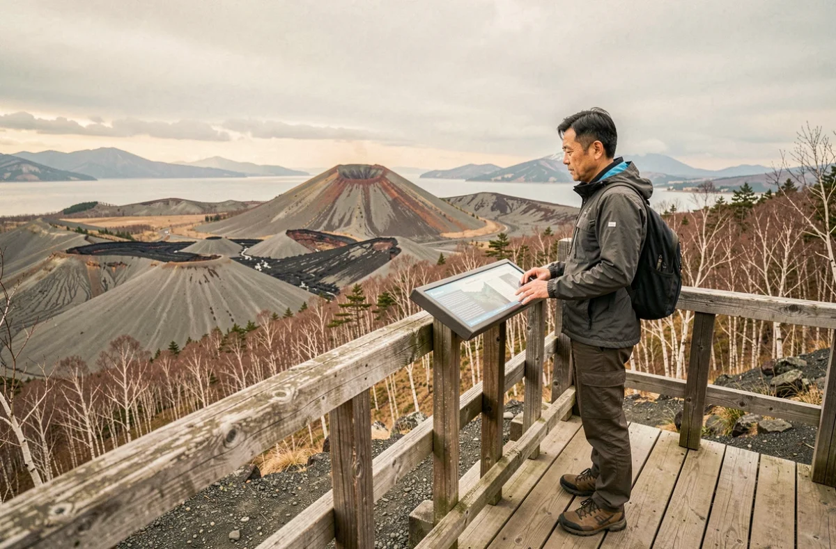 Randonneur japonais observant un panneau d'information au belvédère du mont Usu en Hokkaido avec les dômes de lave et le lac Toya visibles en arrière-plan