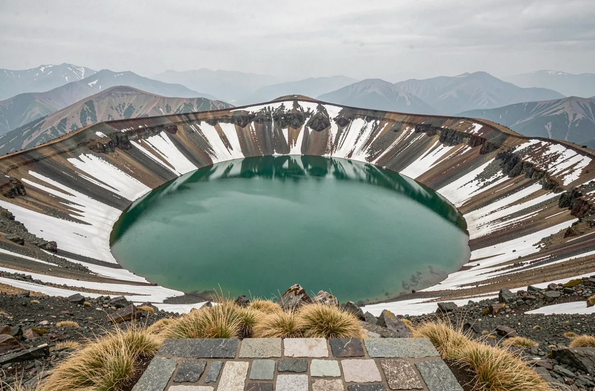 Lac volcanique Okama au mont Zao avec ses eaux vert émeraude entourées de roches volcaniques déchiquetées et de plaques de neige tardive sur le bord du cratère