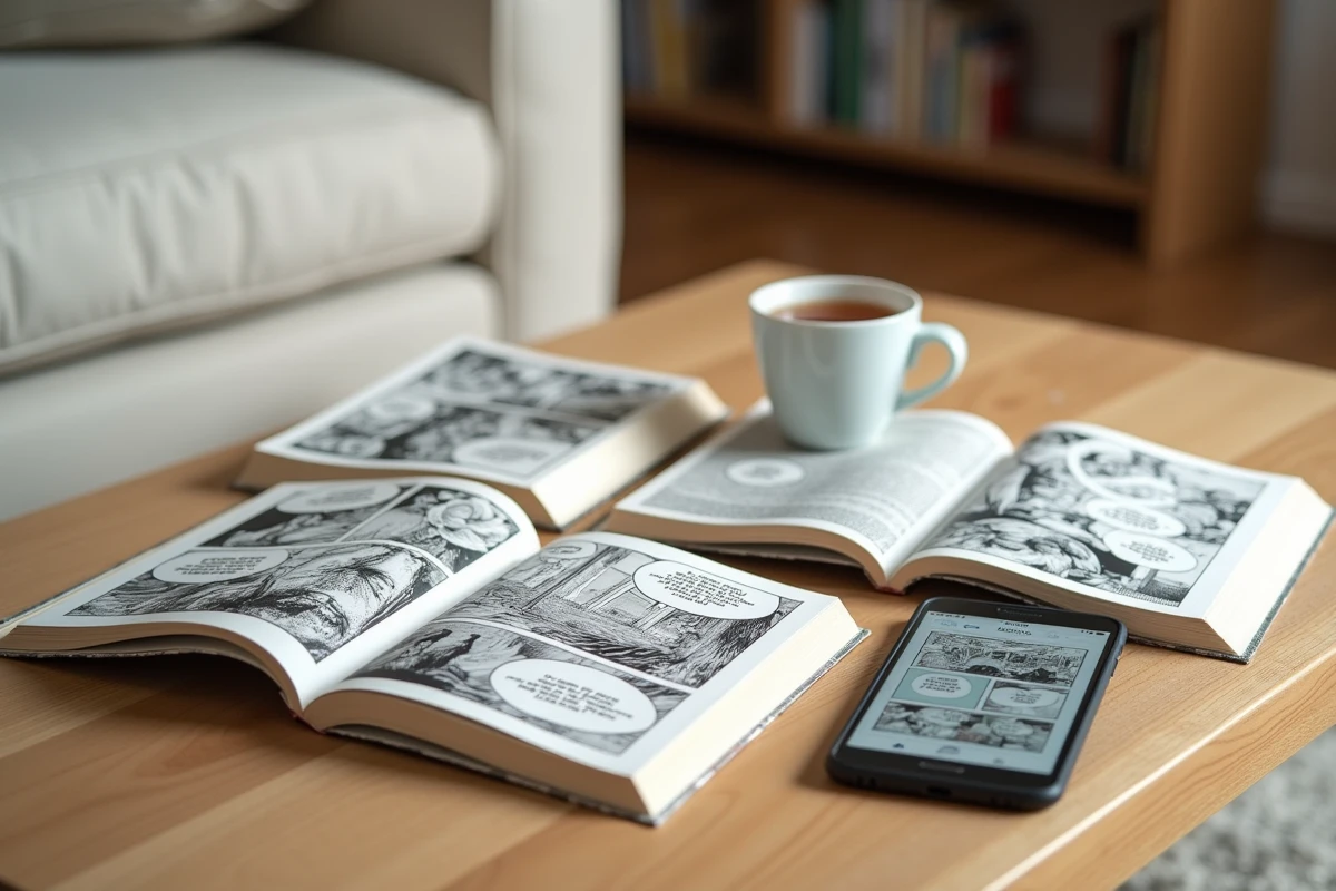 Collection de volumes manga ouverts sur une table basse avec un smartphone affichant un site de scantrad manga