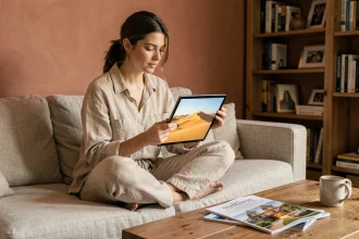 Femme explorant le désert du Sahara en réalité virtuelle sur une tablette depuis son salon