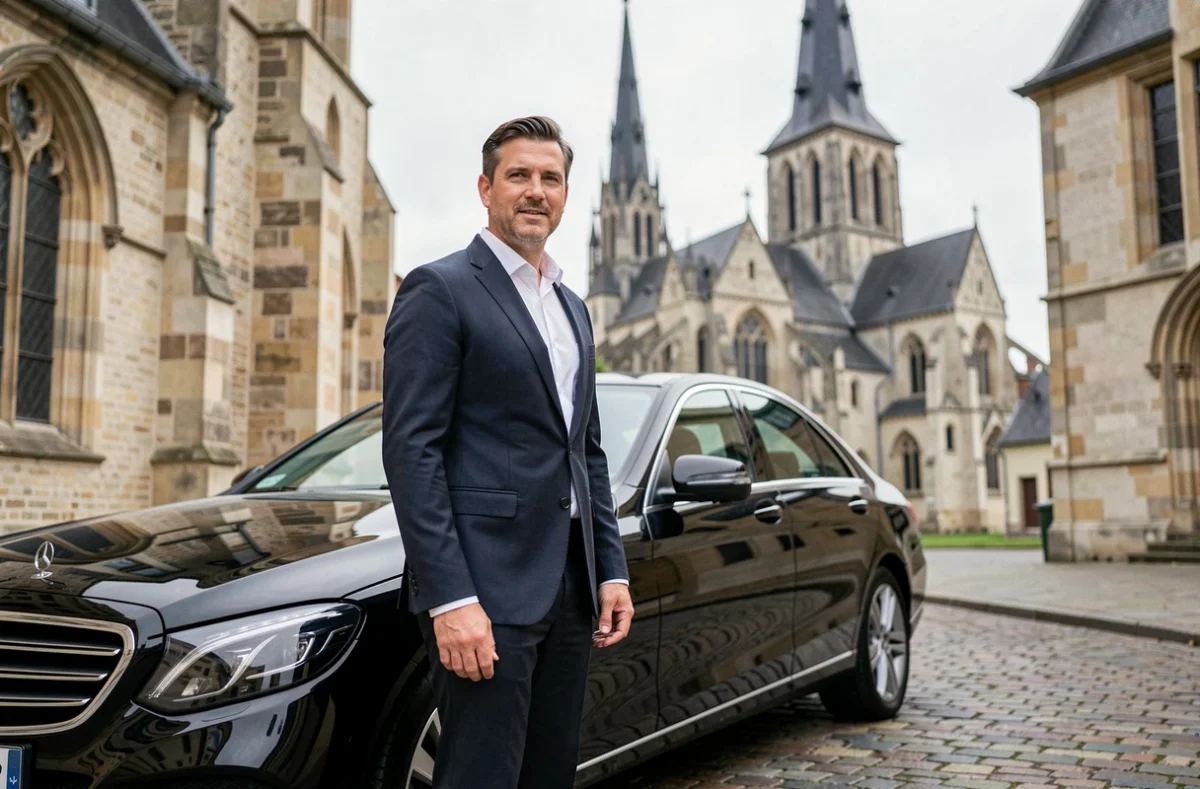 Chauffeur VTC Normandie Rouen en costume sombre devant sa berline noire près de la cathédrale