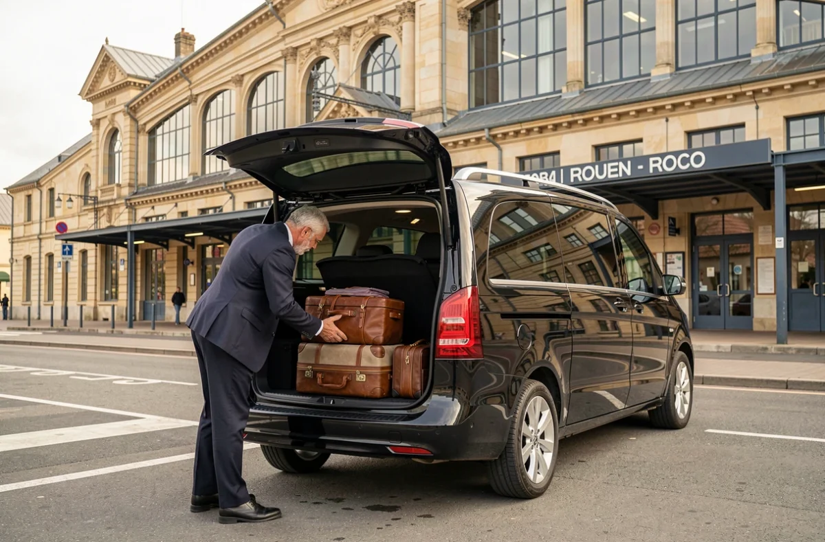 Chauffeur VTC Rouen Shuttle MB Prestige Transfer chargeant des bagages dans un Mercedes V-Class devant la gare